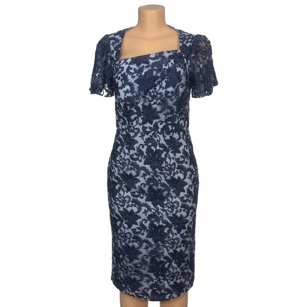 JS Collections Navy Lace Overlay Square Neck Dress Short Flutter Sleeves Size‎ 4